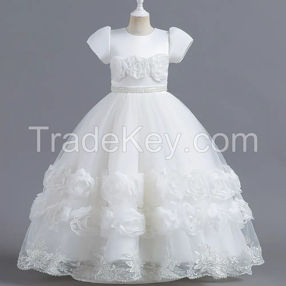 Girls summer embroidered bow elegant net gauze puffy dress wedding dress stage costume prom dress girl clothes sweet