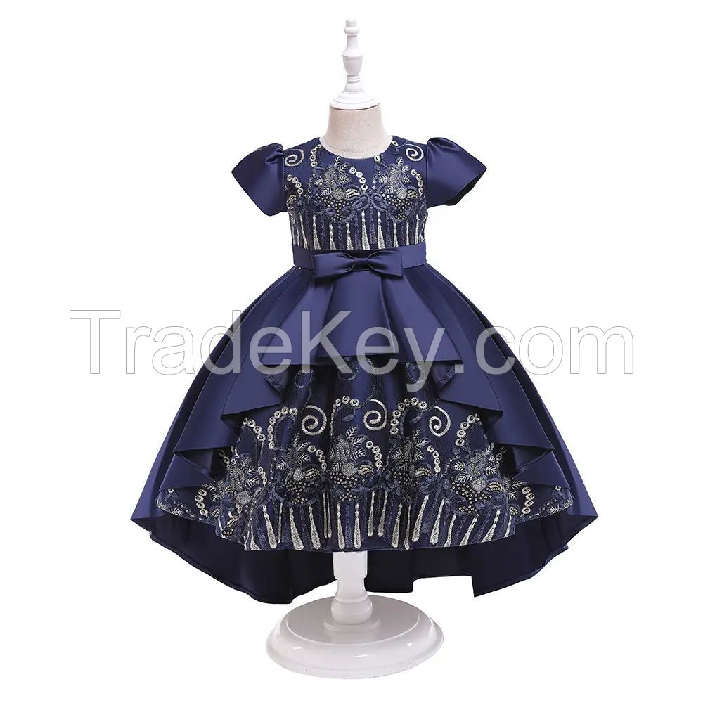 Summer Princess Dress For Girls Birthday Wedding Gown Kids Girl Party Dress Bow Embroidered Trailing Bridesmaid Dresses