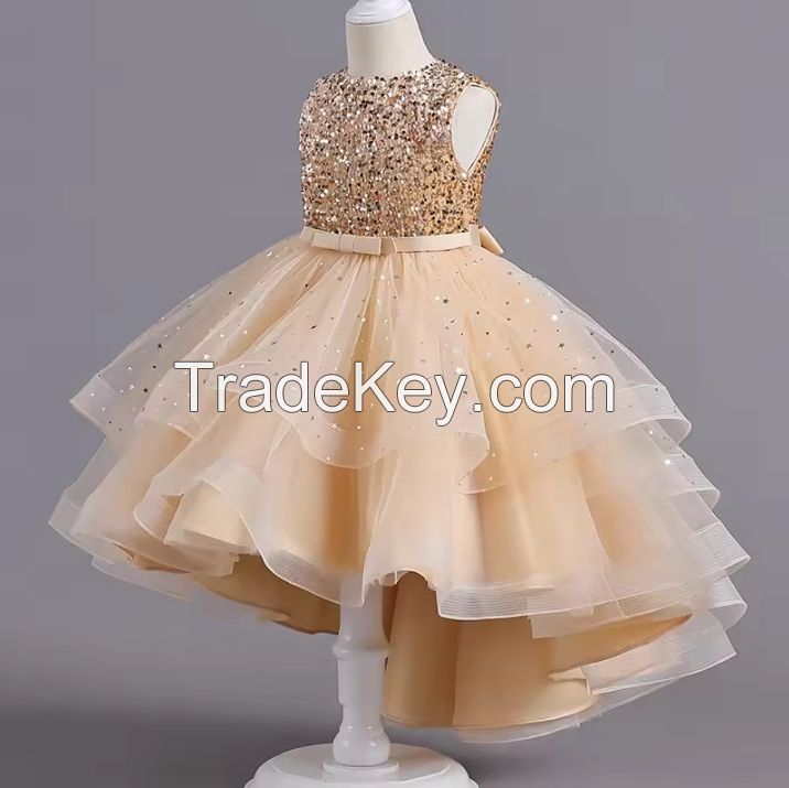 Flower Girls Princess Sequins Baby Wedding Christmas Party Trailing Dress Children Kids Elegant Vestidos Clothes for 3-12Years