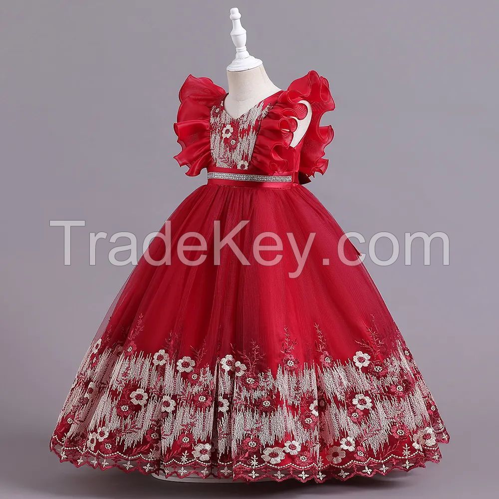 Hot Sale Applique Sleeveless Puffy Dresses Long Ball Gown Kids Wedding Party Dress