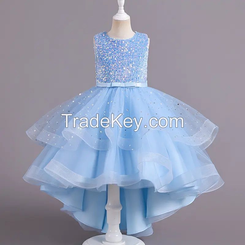 Flower Girls Princess Sequins Baby Wedding Christmas Party Trailing Dress Children Kids Elegant Vestidos Clothes for 3-12Years