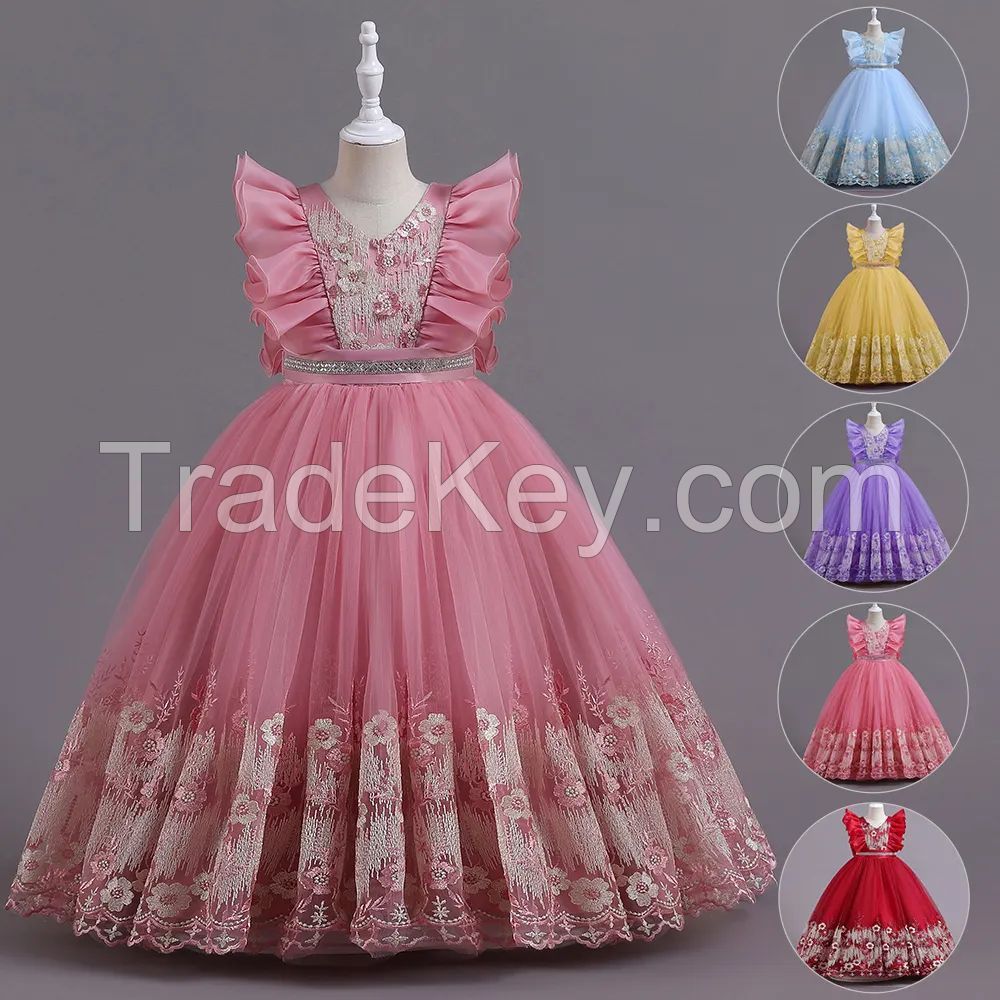 Hot Sale Applique Sleeveless Puffy Dresses Long Ball Gown Kids Wedding Party Dress