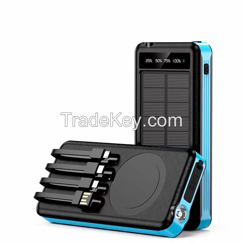 Solar Power Bank 10000mah With Built In Cable Logo Customize Support Wireless Charging 