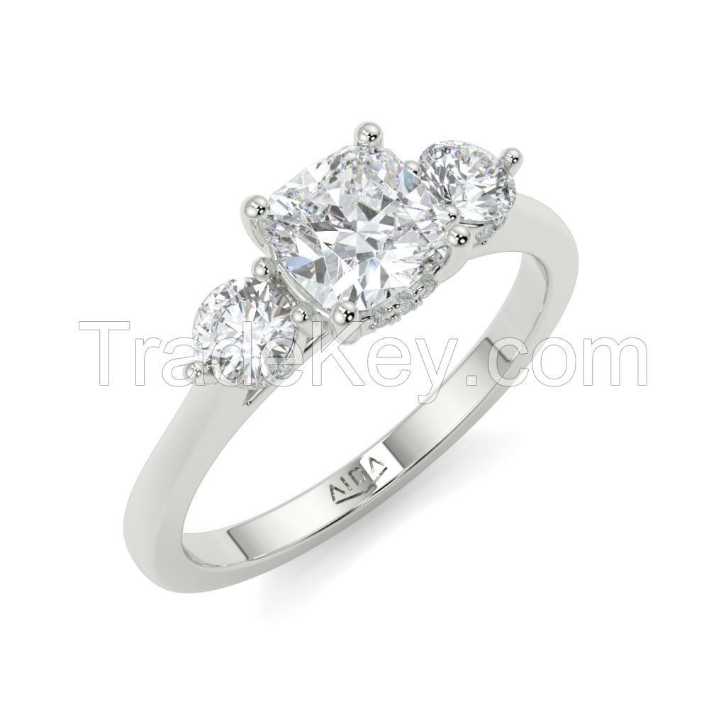 White Gold Hera Cushion Round Trilogy Engagement Ring