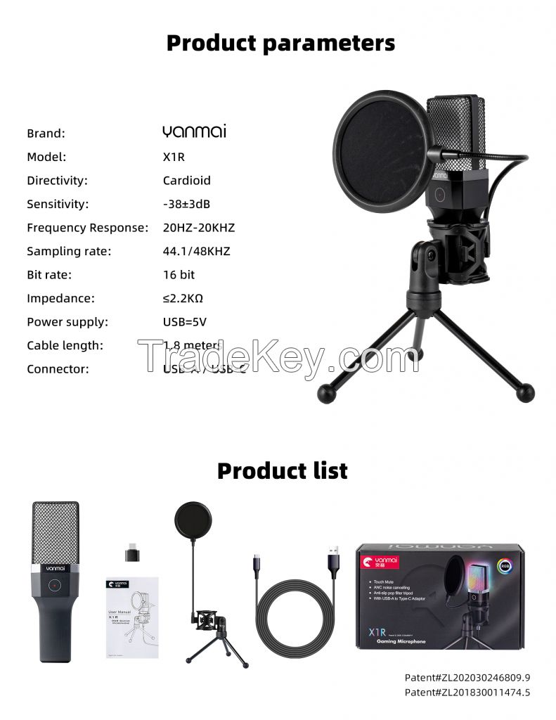 Yanmai Condenser USB One Tuch Mute Type-C with Recording Streaming Desktop Microphones RGB Gaming Microphones