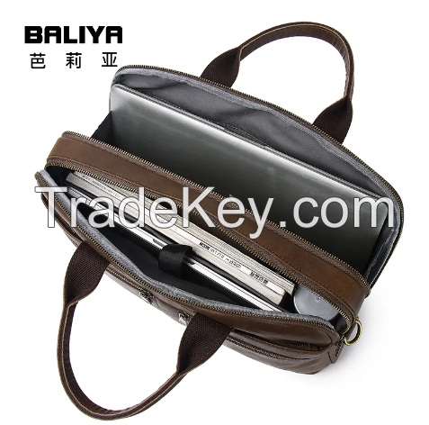 BALIYA Crazy Horse Handbag Crossbody Bag Vintage Genuine Leather Briefcase Top Grain Cowhide Computer Bag for Men