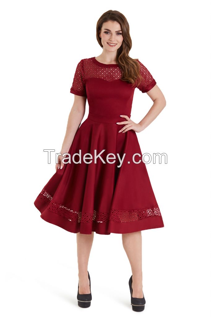 Embroidered Vintage Style Retro Inspired Lace Dress Burgundy