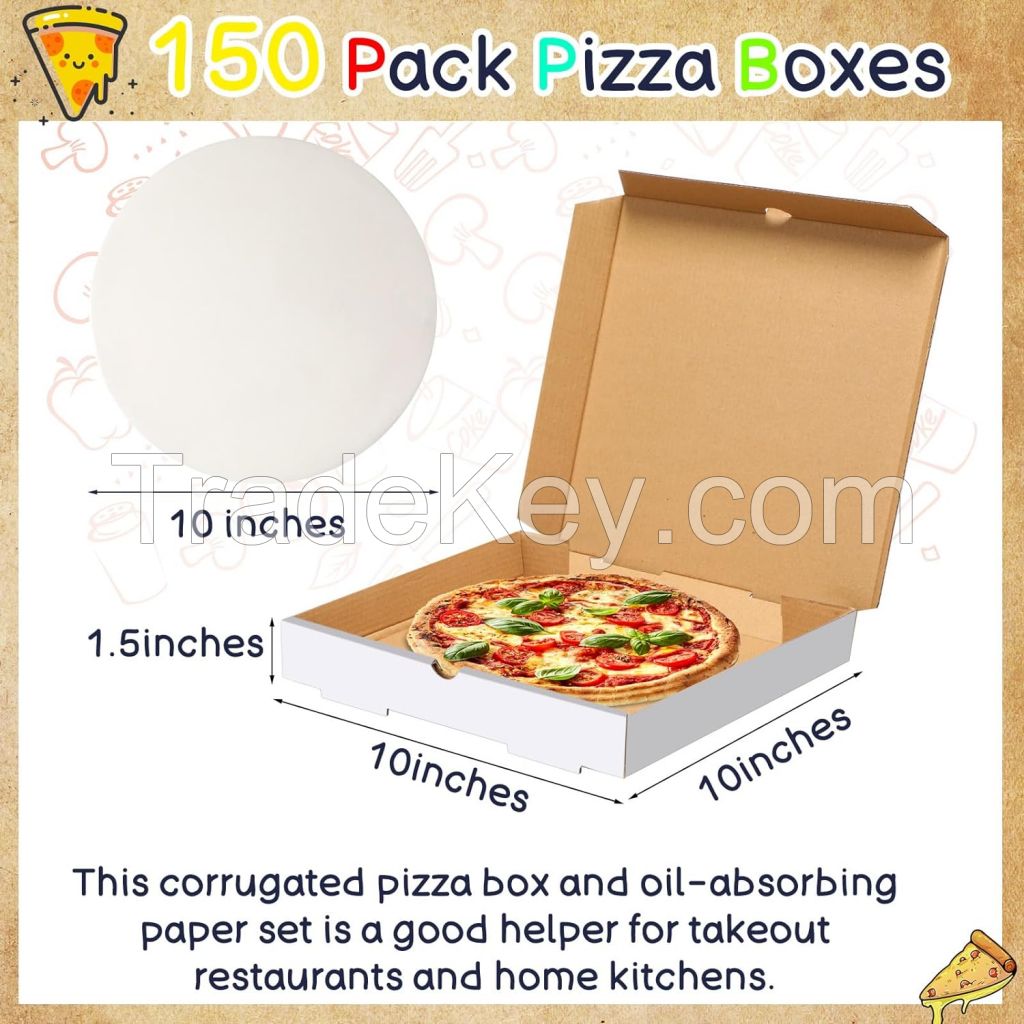 Mumufy 150 Pcs Pizza Boxes Bulk 10 x 10 x 1.5 Inch Corrugated Pizza Box Cardboard Takeout Containers with 150 Pcs Oil Blotting Paper, Kraft Kitchen Tools...