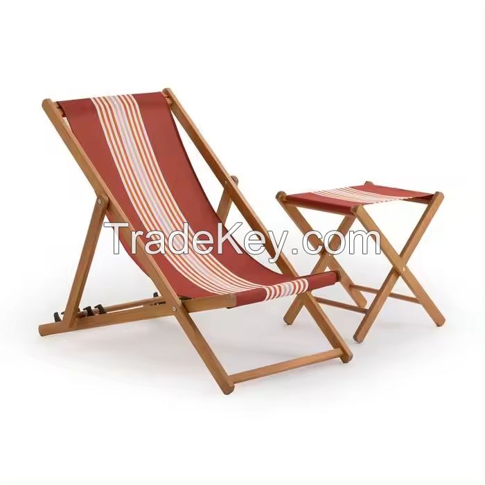 Factory Supply Custom Portable Folding Wooden Garden Camping Recliner Beach Lounge Deck Armrest Chair with Footrest