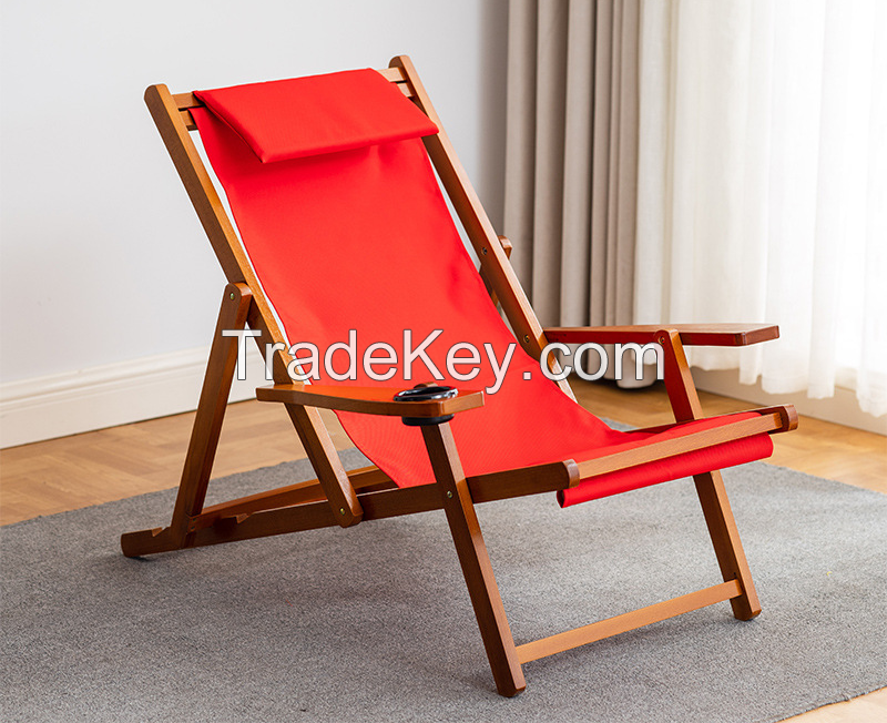 Factory Supply Custom Portable Folding Wooden Garden Camping Recliner Beach Lounge Deck Chair with Armrest Cupholder Footrest