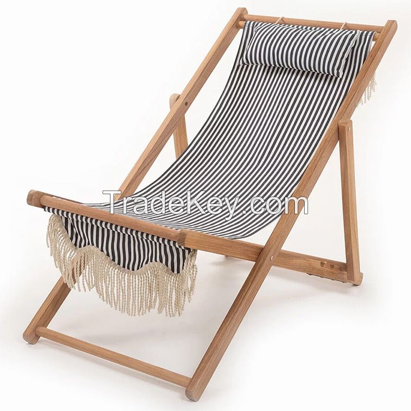 Factory Supply Custom Portable Folding Wooden Garden Camping Recliner Beach Lounge Deck Armrest Chair with Footrest