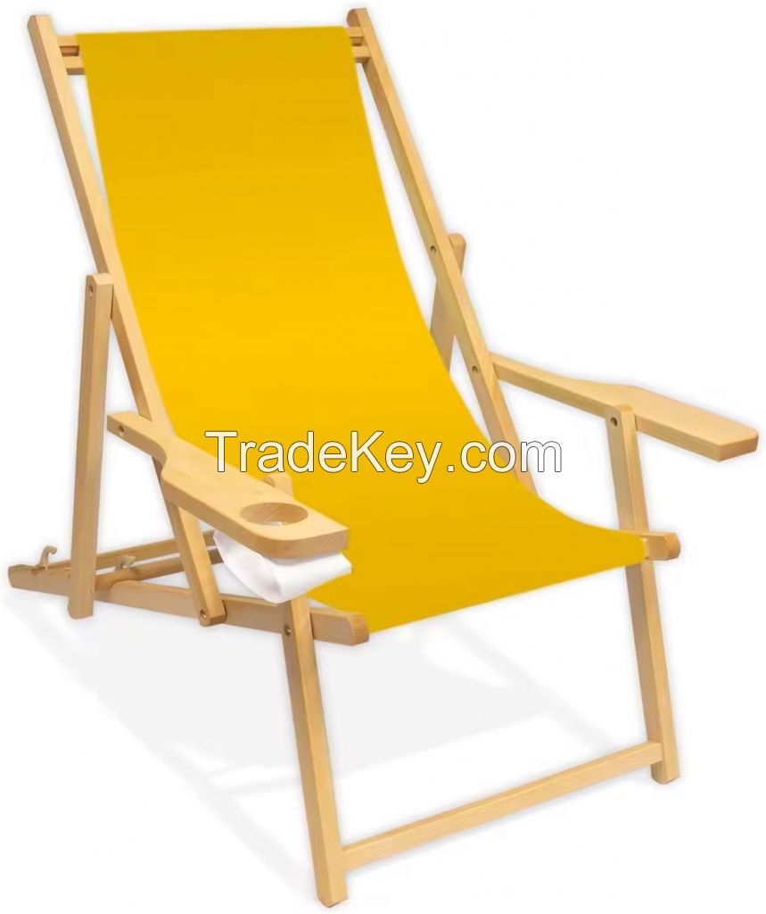 Factory Supply Custom Logo Portable Ajustable Height Wooden Garden Camping Recliner Beach Lounge Deck Armrest Chair