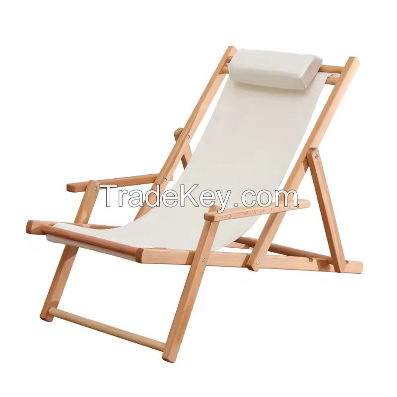 Factory Supply Custom Logo Portable Folding Wooden Garden Camping Recliner Beach Lounge Deck Armrest Chair with Cupholder