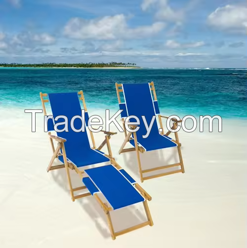 Factory Supply Custom Portable Folding Wooden Garden Camping Recliner Beach Lounge Deck Chair with Armrest Cupholder Footrest