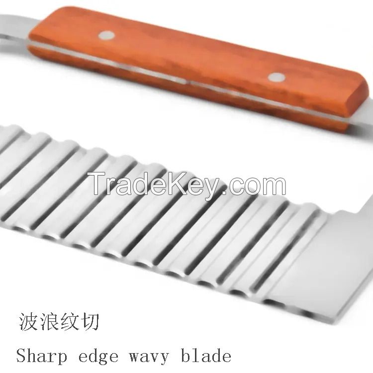 Potato Chip French Fry Cutter Stainless Steel Handheld wood handle Slicer Crinkle Cutter