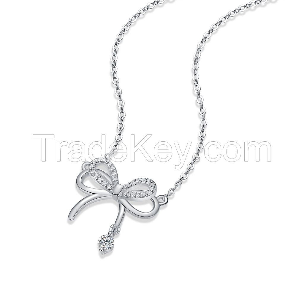 Hot Selling New Fringe Mossanite Pendant Necklace INS Style Design Fashion Double Bow Necklace Sterling Silver 925 Jewellery