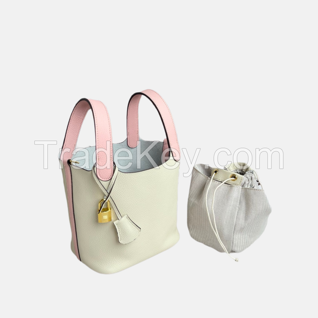 High quality vegetable basket 18 handbag togo first layer cowhide hand bucket bag contrast color bag free liner women's bag