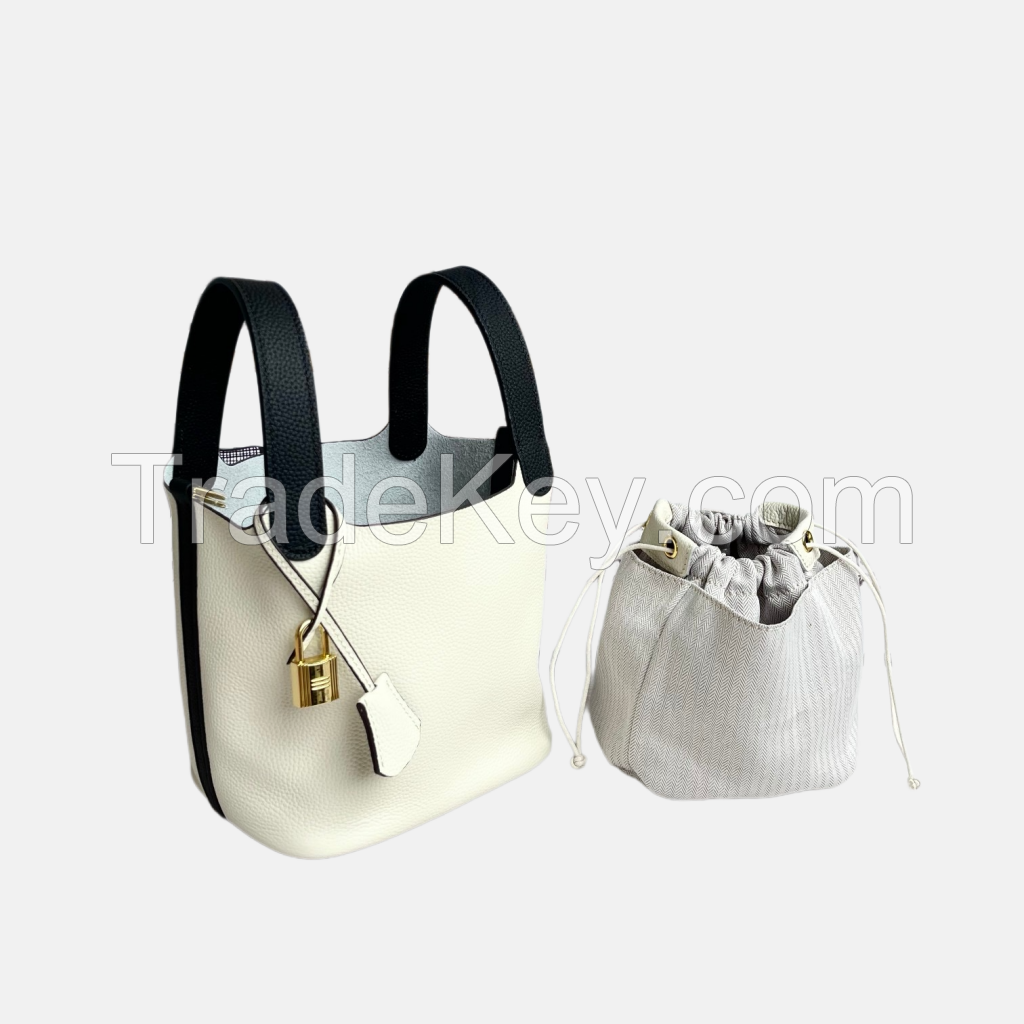 High quality vegetable basket 18 handbag togo first layer cowhide hand bucket bag contrast color bag free liner women's bag