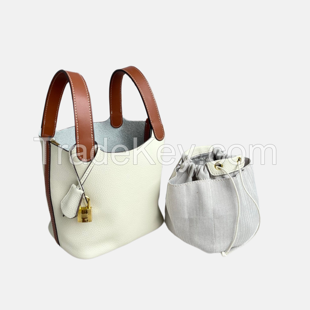 High quality vegetable basket 18 handbag togo first layer cowhide hand bucket bag contrast color bag free liner women's bag