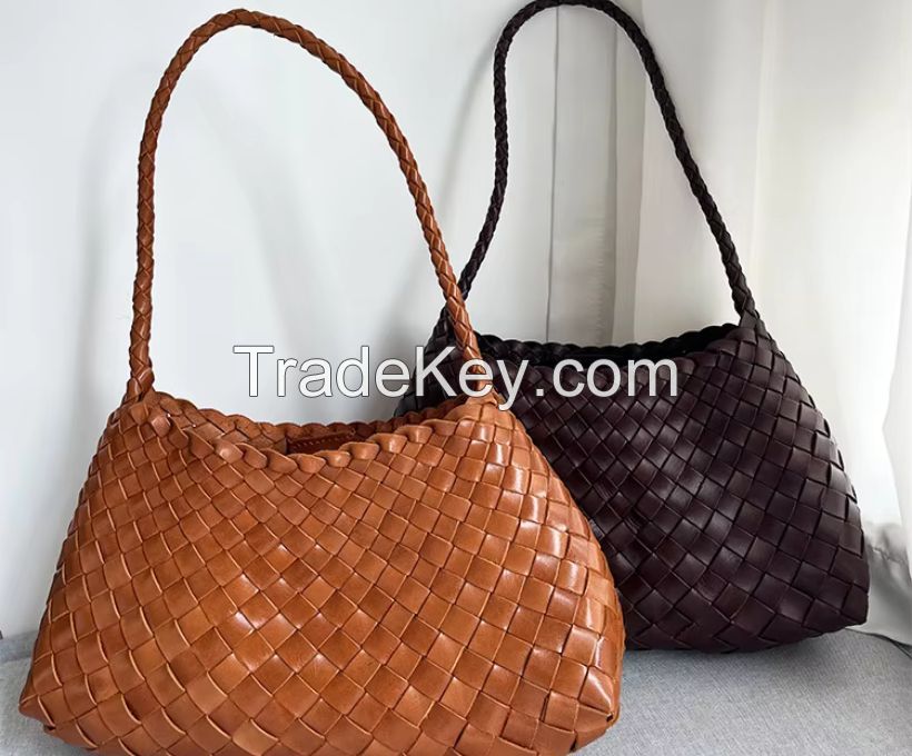 High-Quality Women's Genuine Leather Woven Basket Tote - Handmade Cowhide Handbag with Large Capacity for Shipping