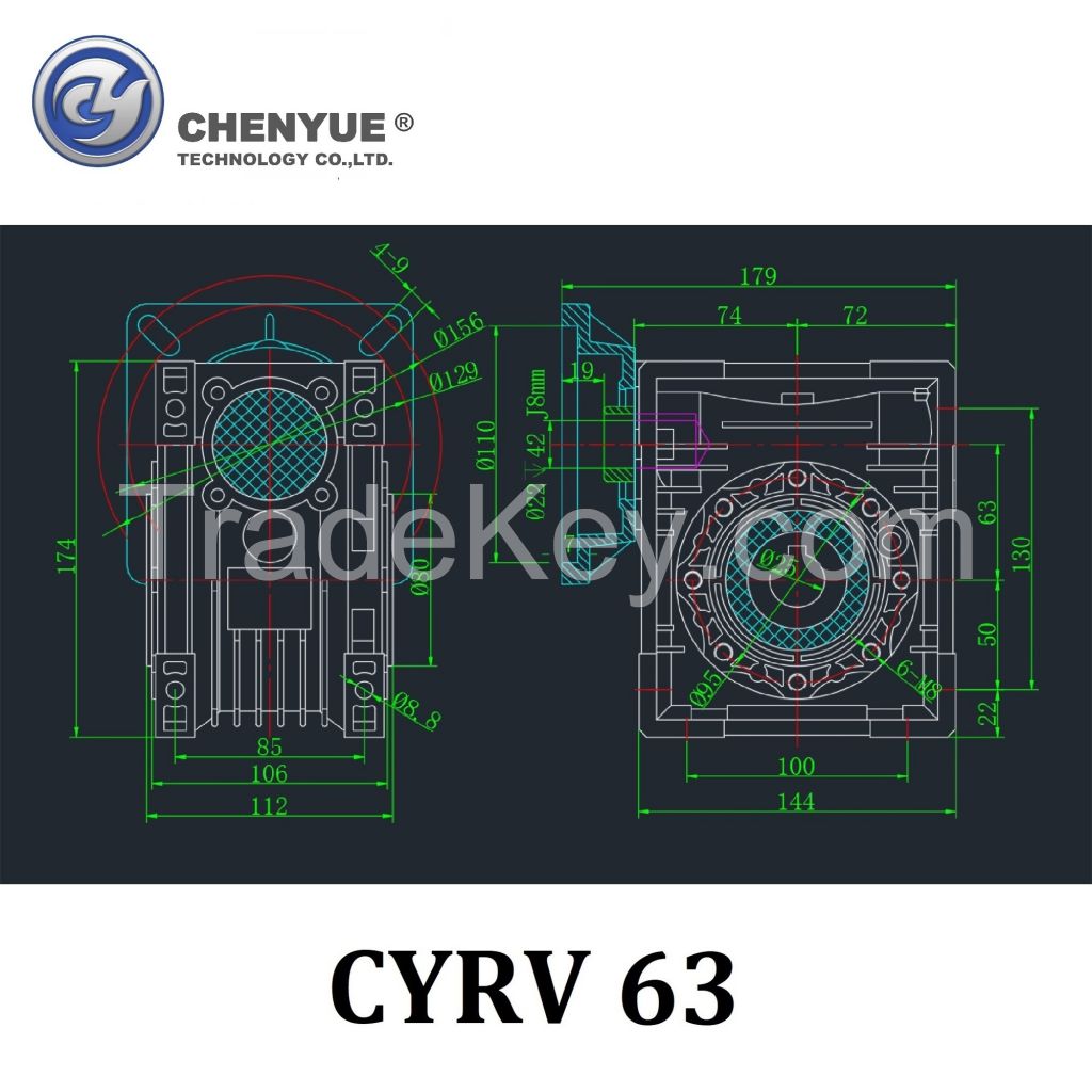 CHENYUE High Torque Worm Gearbox Worm Speed Reducer NMRV 63 CYRV63 Gearbox Input 14/19/22/24mm Output 25mm Speed Ratio from 5:1 to 100:1 Free Maintenance