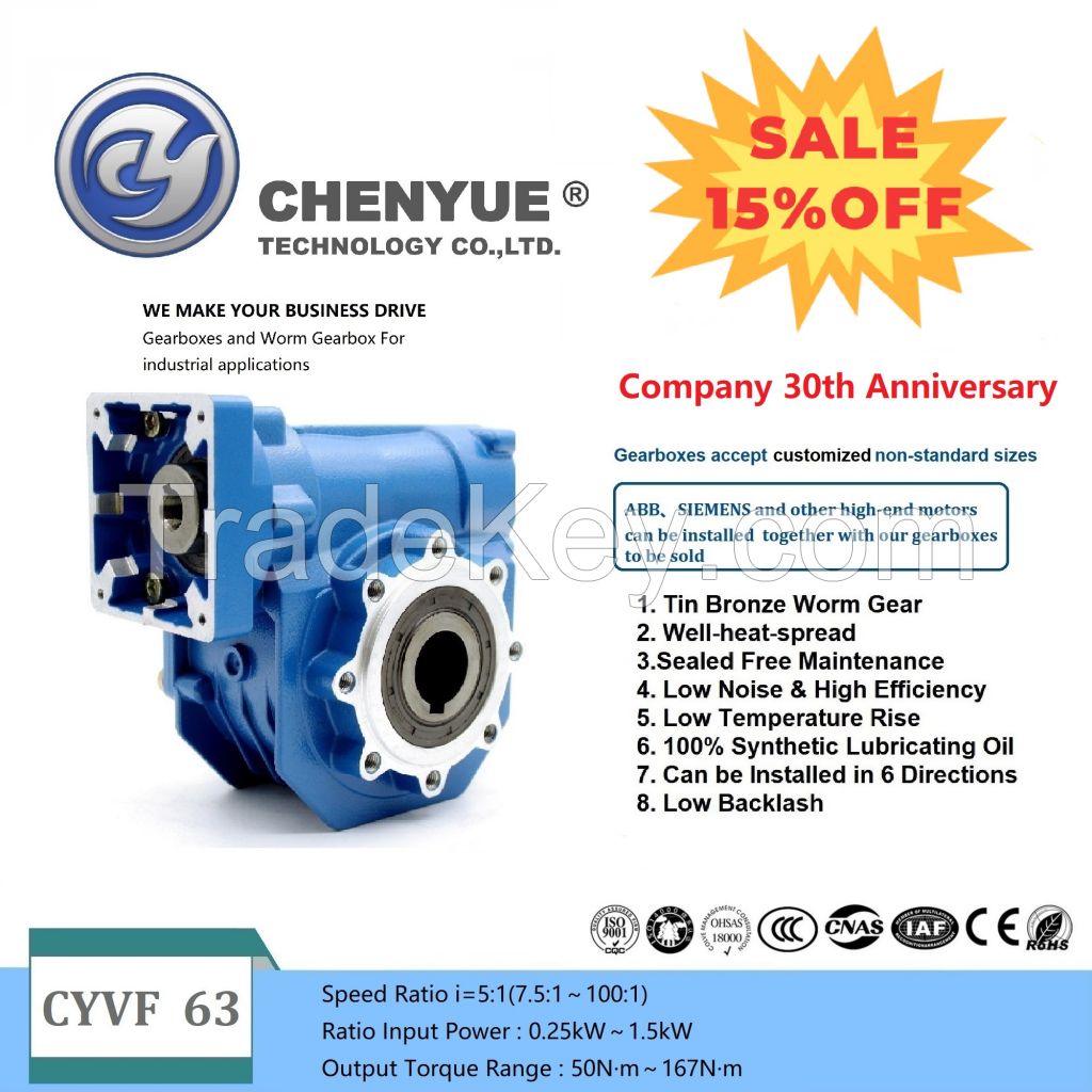 CHENYUE High Torque Worm Gearbox NMVF 063 CYVF 63 Input 14/19/22/24mm Output 25mm Speed Ratio from 5:1 to 100:1 CNC Gearbox Suppliers Reduction Free Maintenance