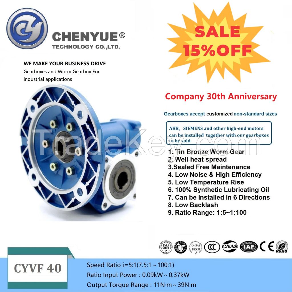 CHENYUE High Torque CNC Worm Gearbox NMVF 40 CYVF 40 Input 14/11mm Output 18mm Speed Ratio from 5:1 to 100:1 Tin Bronze Free Maintenance