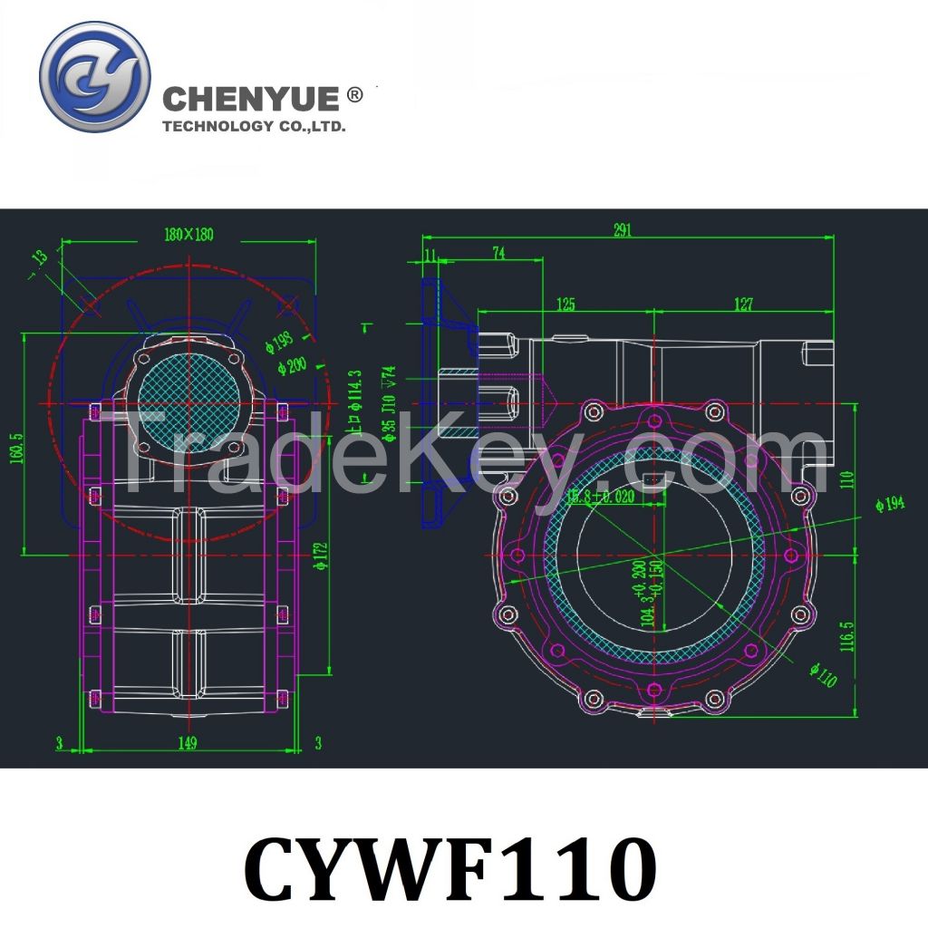 CHENYUE Worm Gearbox CYWF110 Input 35mm Output hole 110mm Can OEM Shaft Speed Ratio from 5:1/100:1 CNC Free Maintenance