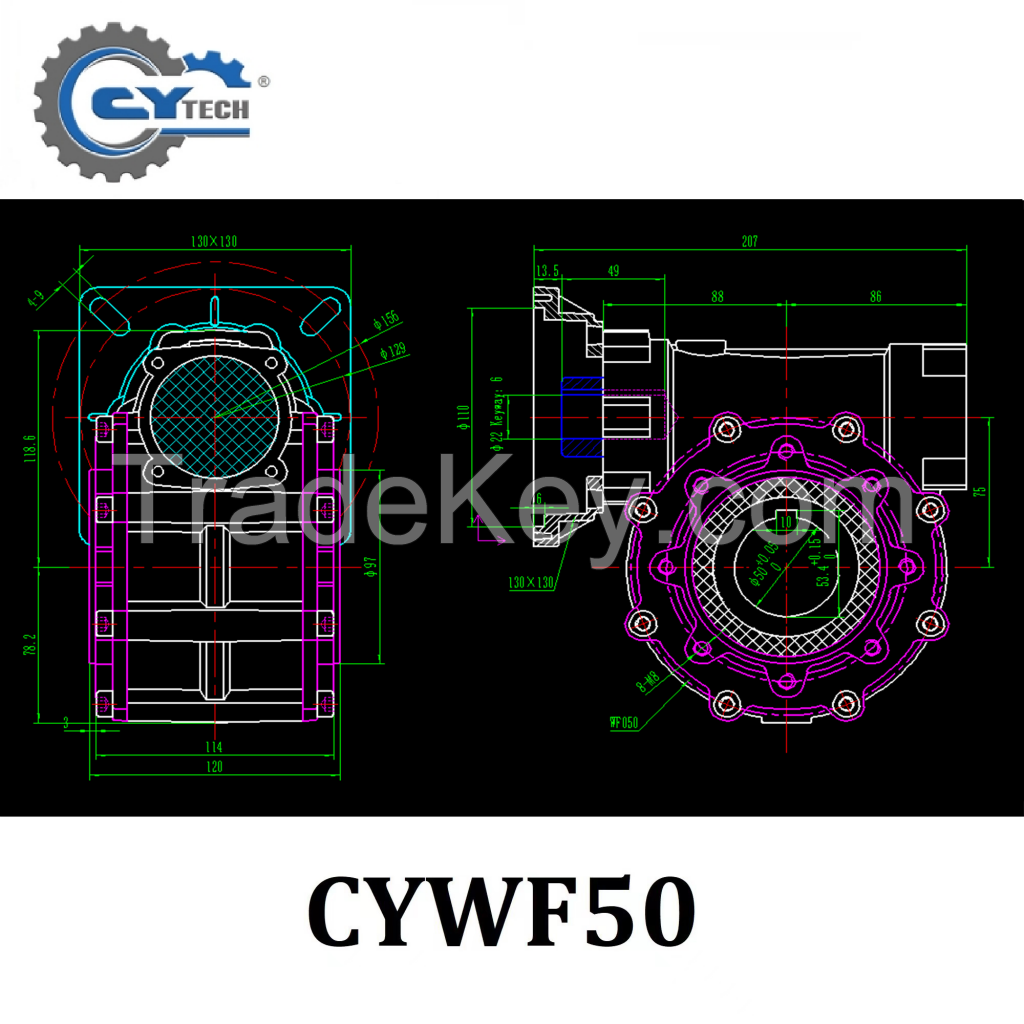 CHENYUE Large Output Bore Worm Gearbox CYWF 50 Input 22mm Output 50mm Speed Ratio from 5:1/100:1 Speed 80-233N.m Engine 3Kw Free Maintenance