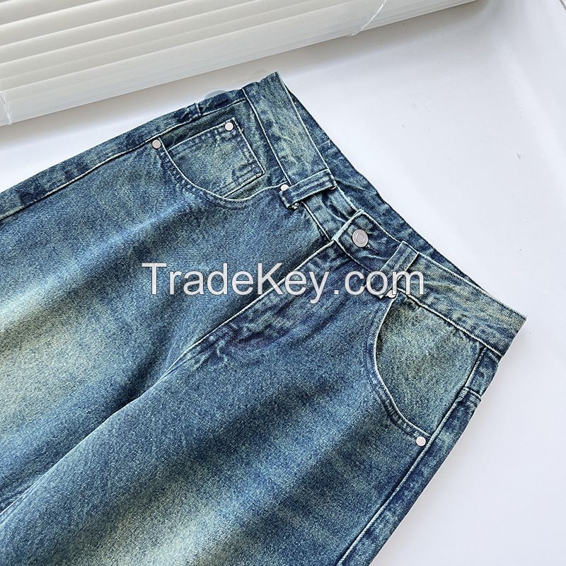 23 New Washed Low Waist Sandblasting Wide Legged Jeans Vintage Film Feeling Blue Made Old Vintage Floor Dragging Pants for Women 3012