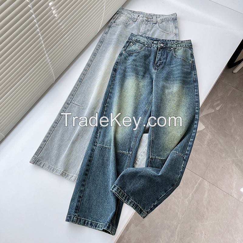 23 New Washed Low Waist Sandblasting Wide Legged Jeans Vintage Film Feeling Blue Made Old Vintage Floor Dragging Pants for Women 3012