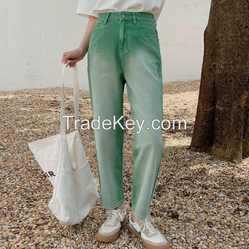 Gradient denim pants for summer 2022, high waisted, loose fitting, straight leg, draping floor length pants, wide leg pants