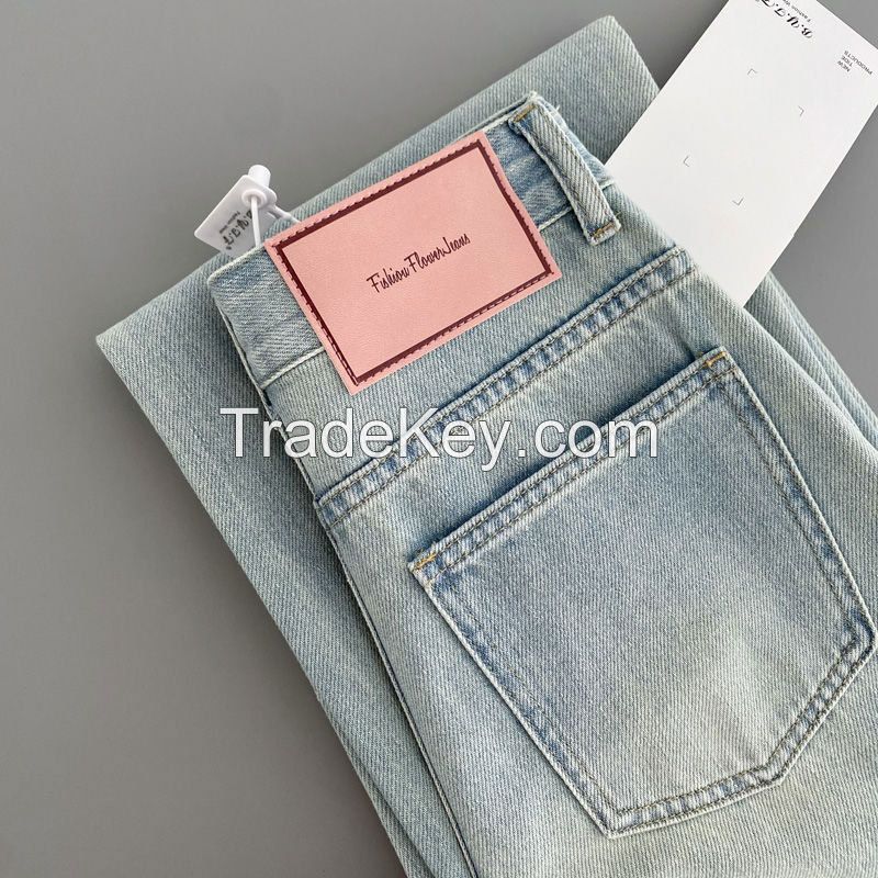 Pink leather brand jeans for women's new summer and autumn high waisted, small, loose and versatile wide leg casual straight leg floor mop pants