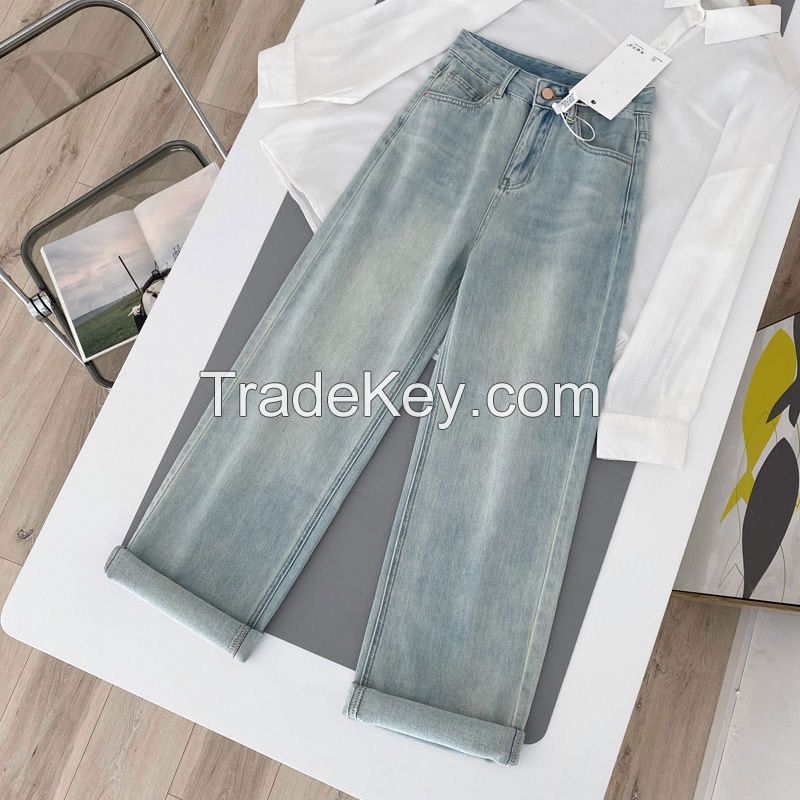 Pink leather brand jeans for women's new summer and autumn high waisted, small, loose and versatile wide leg casual straight leg floor mop pants