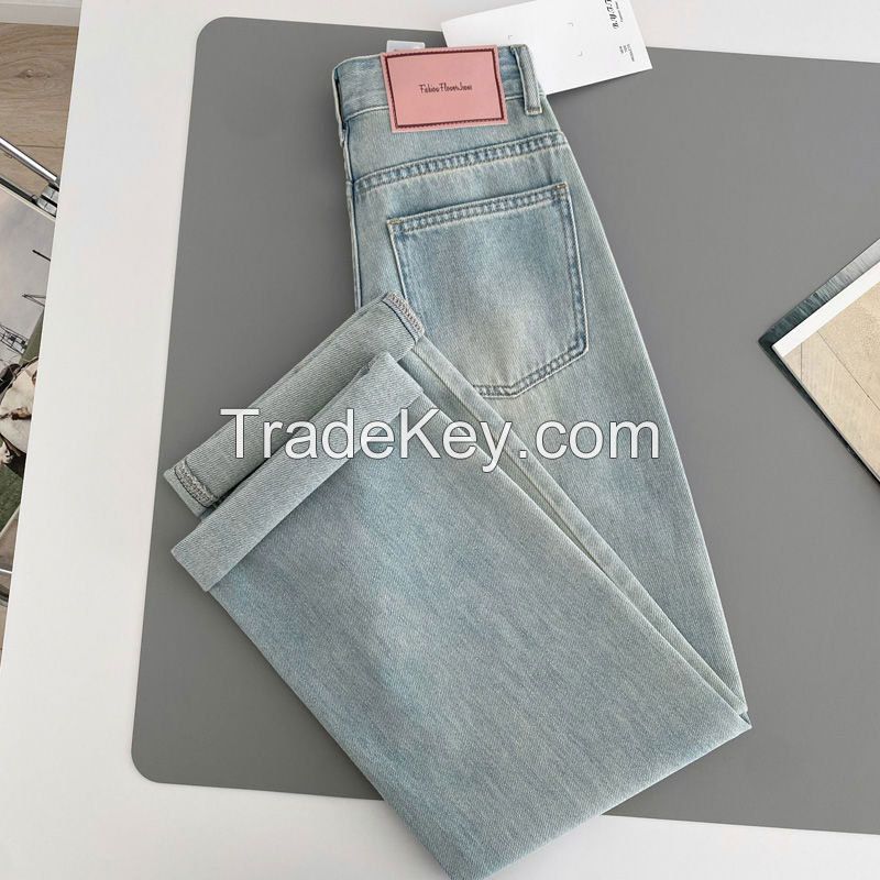 Pink leather brand jeans for women's new summer and autumn high waisted, small, loose and versatile wide leg casual straight leg floor mop pants