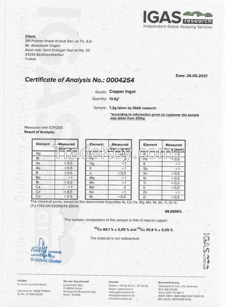 %99,9995 purity copper ingot