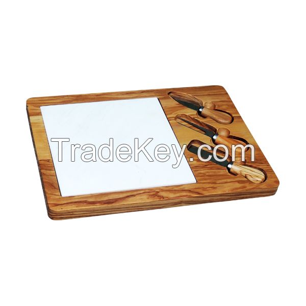 Olivewood &amp; White Marble Cheese Board with Cheese Knives