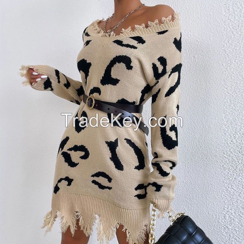 V-neck Leopard Dress Pattern Distressed Sweater Dress custom knit dress custom knit sweater custom long sweater