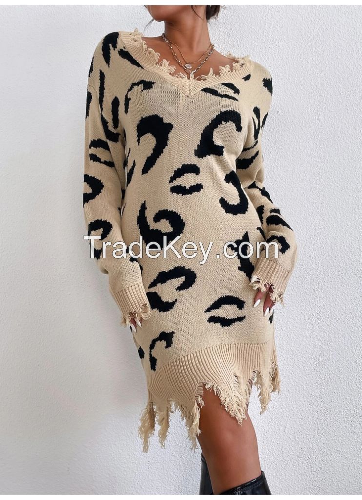 V-neck Leopard Dress Pattern Distressed Sweater Dress custom knit dress custom knit sweater custom long sweater