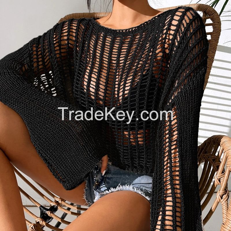 Open Knit Bell Sleeve Sheer Sweater Summer crochet Top sweater knitting design sweater export sueter personalizado