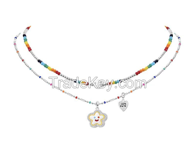 Non Fade Stainless Steel Rainbow Beaded Chain Flower Smile Charm Necklace with Cz Rhinestones Girl&#039;s Cute Y2K Jewelry