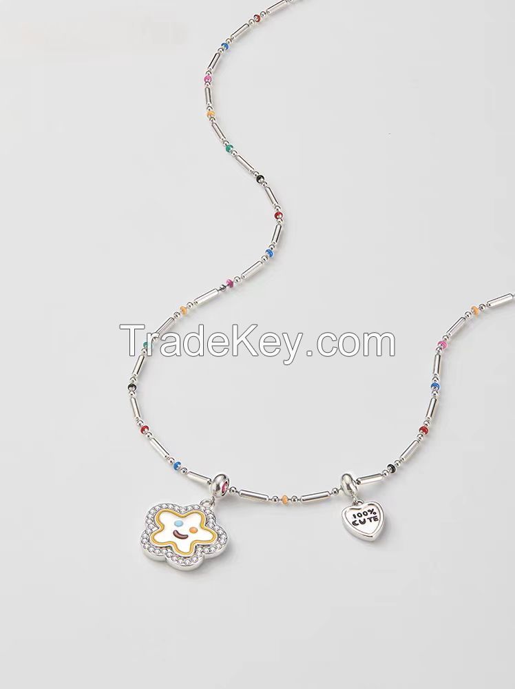 Non Fade Stainless Steel Rainbow Beaded Chain Flower Smile Charm Necklace with Cz Rhinestones Girl's Cute Y2K Jewelry