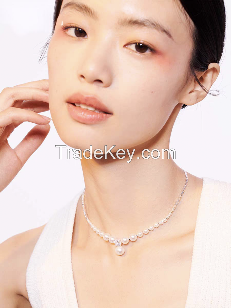 Sparkling Diamond Broken Silver Pearl  for Women Vintage Sparkling Zircon Clavicle Chain Necklace