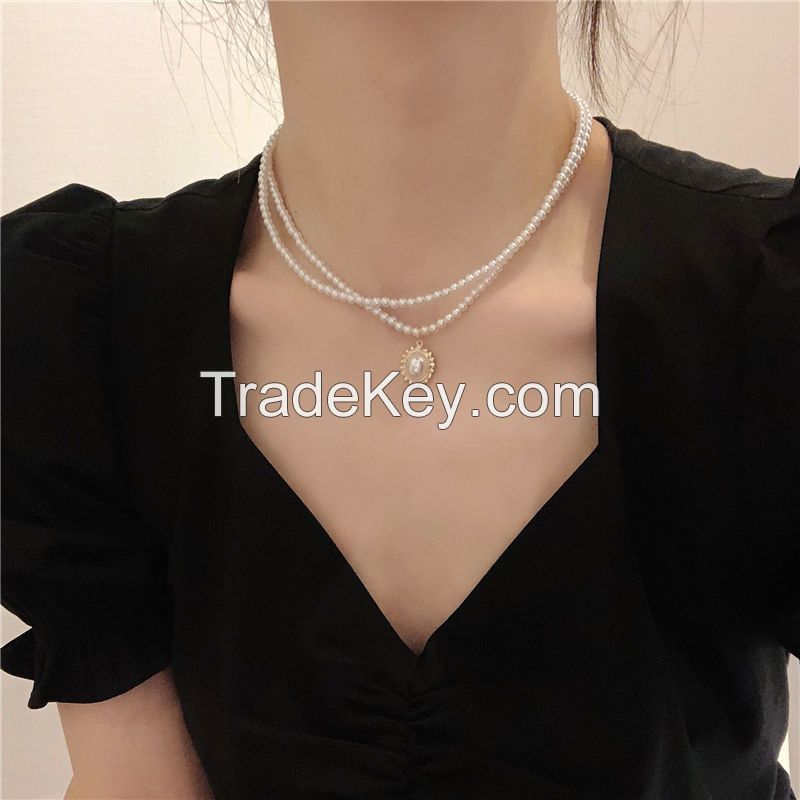 French pearl necklace for women ins cold wind double vintage clavicle chain for women high-grade sense of light luxury