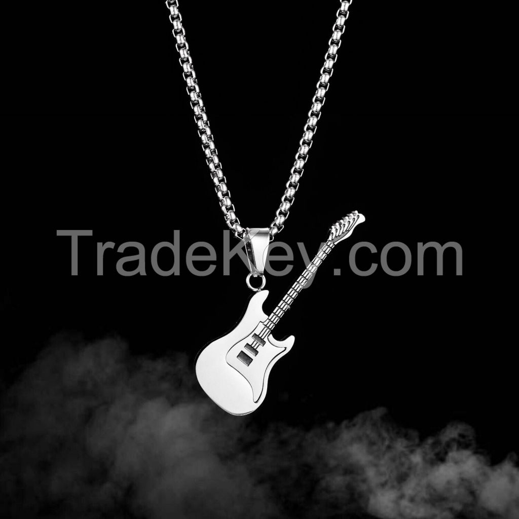 OPK jewelry personality trend European and American hip hop stainless steel guitar pendant street classic fashionable men titanium steel necklace