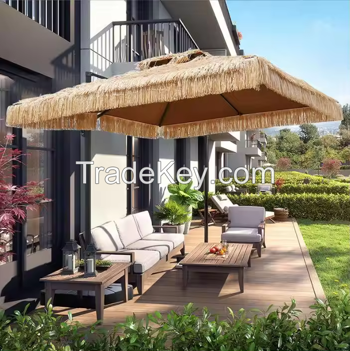 Thatched Tiki Patio Umbrella with LED Lights, Hawaiian Style  Straw Beach Patio Umbrellas with Tilt for Patio Garden Beach Pool Backyard