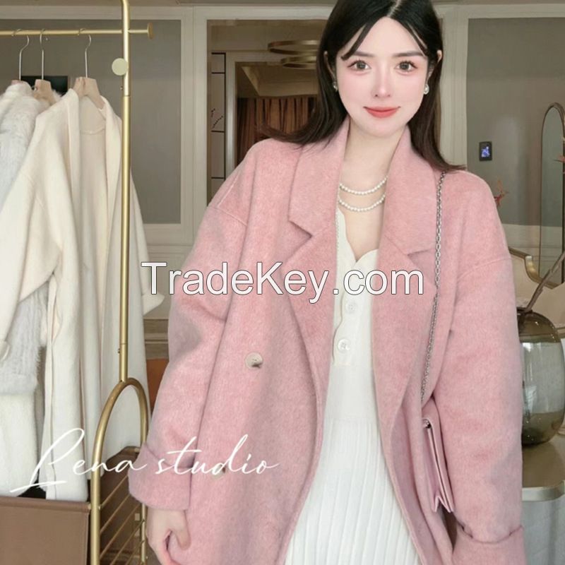  Pink coat 2024 autumn and winter new high-end French gentle style temperament thin mid-length woolen jacket women