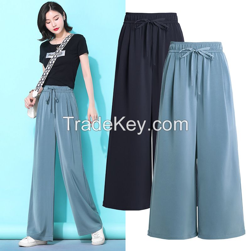 Women&apos;s acetate satin cloud-like wide-leg pants, plus-size high-waisted, ice silk straight-leg floor-length trousers for summer