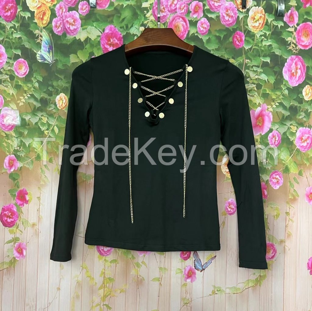 2024 Cross-border Foreign Trade Women's Top Spring New Chain Strap Solid Color V-Neck Slim Long Sleeve T-Shirt Women