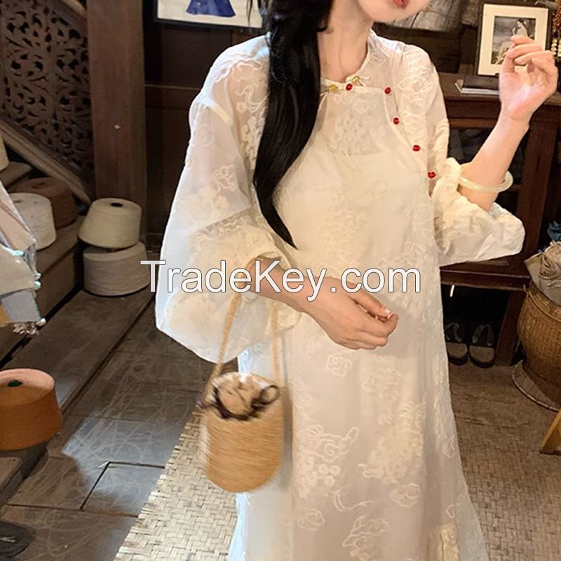 The cold moon is the new Chinese style dress with a super good design sense and a full-width Tencel embroidered long skirt 2024 spring and summer